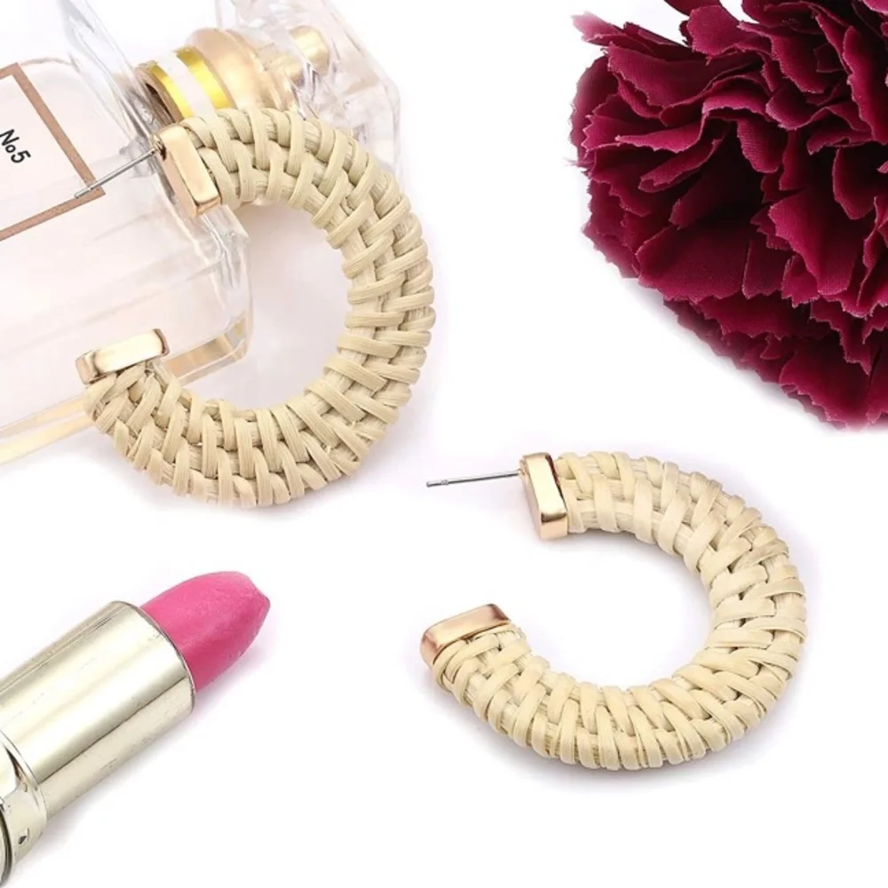 Take Me Away Bohemian Handmade Rattan Neutral Statement Earrings - Picture 3 of 9